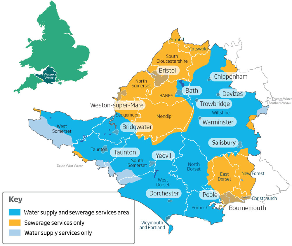 A map showing the area Wessex Water serve, and to what level of service is provided