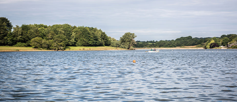 Sutton Bingham reservoir with a boat in the water