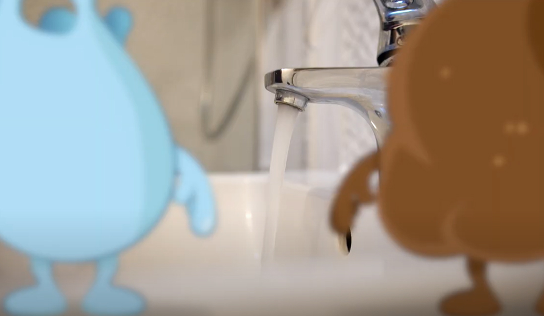 Drop and Plop animation characters looking at water out of a tap