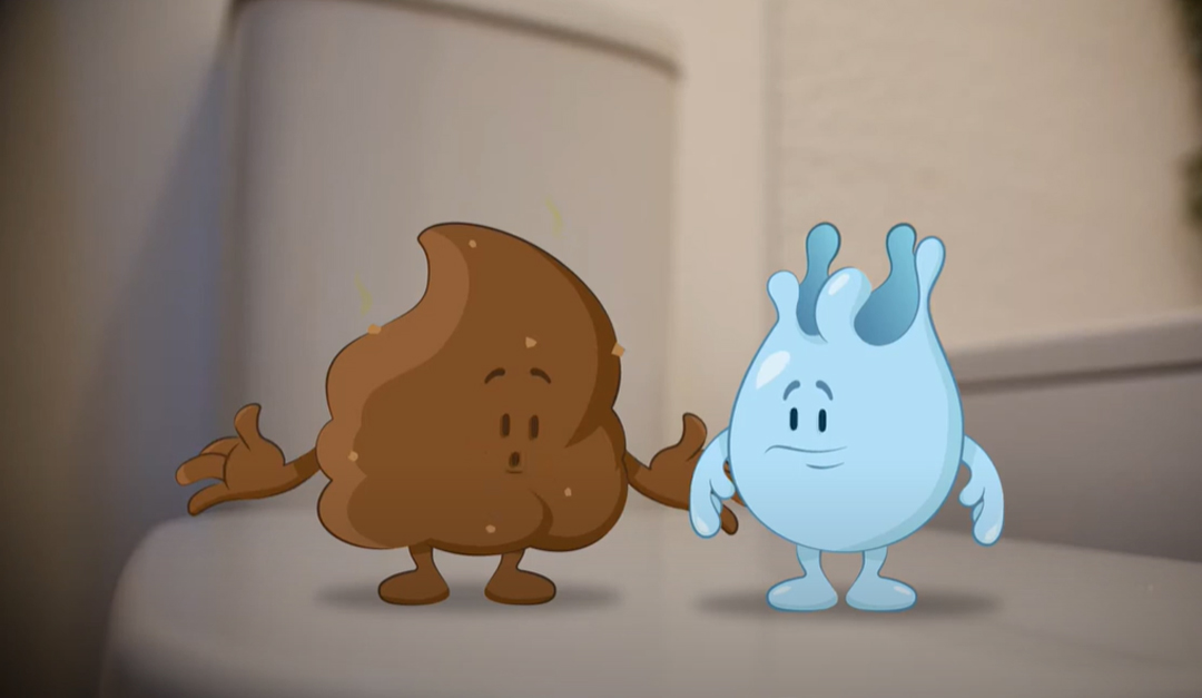 Drop and Plop animation characters standing on a toilet